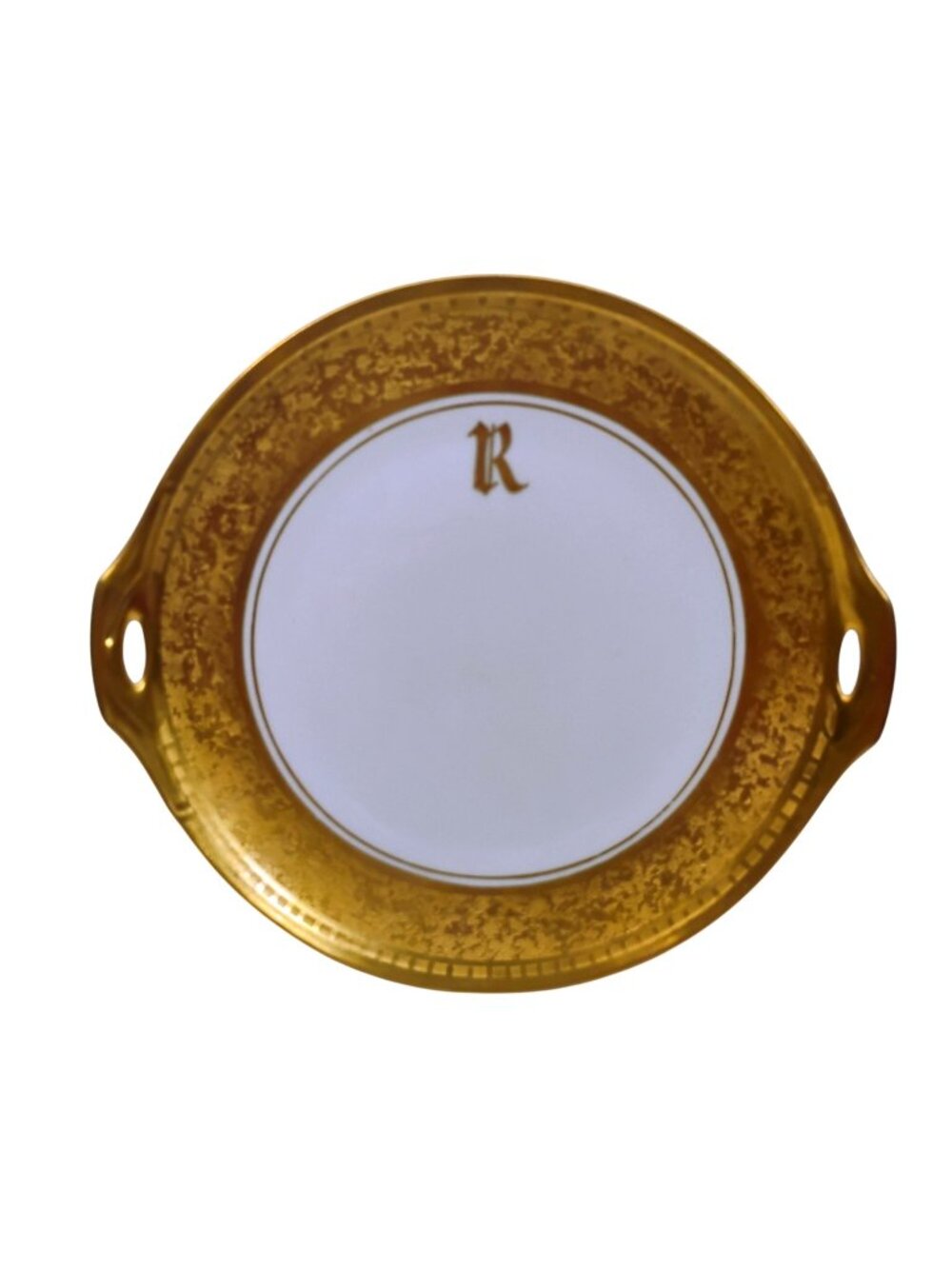 Art Deco J&C Bavaria Round Gold Rim Platter Cake Plate w/Handles & "R" Monogram